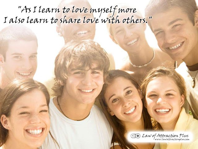 "As I learn to love myself more I also learn to share love with others." (Wallpaper + Decree) Free Law of Attraction Wallpaper with Decree and Positive Affirmation about Love